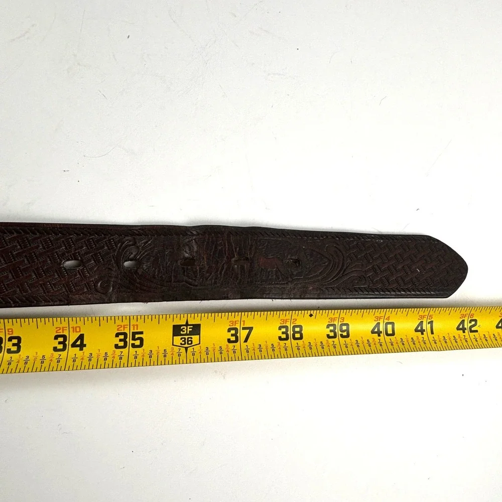 Leather Belt Mens 36 Brown Tooled Wildlife Deer Basketweave Western Embossed